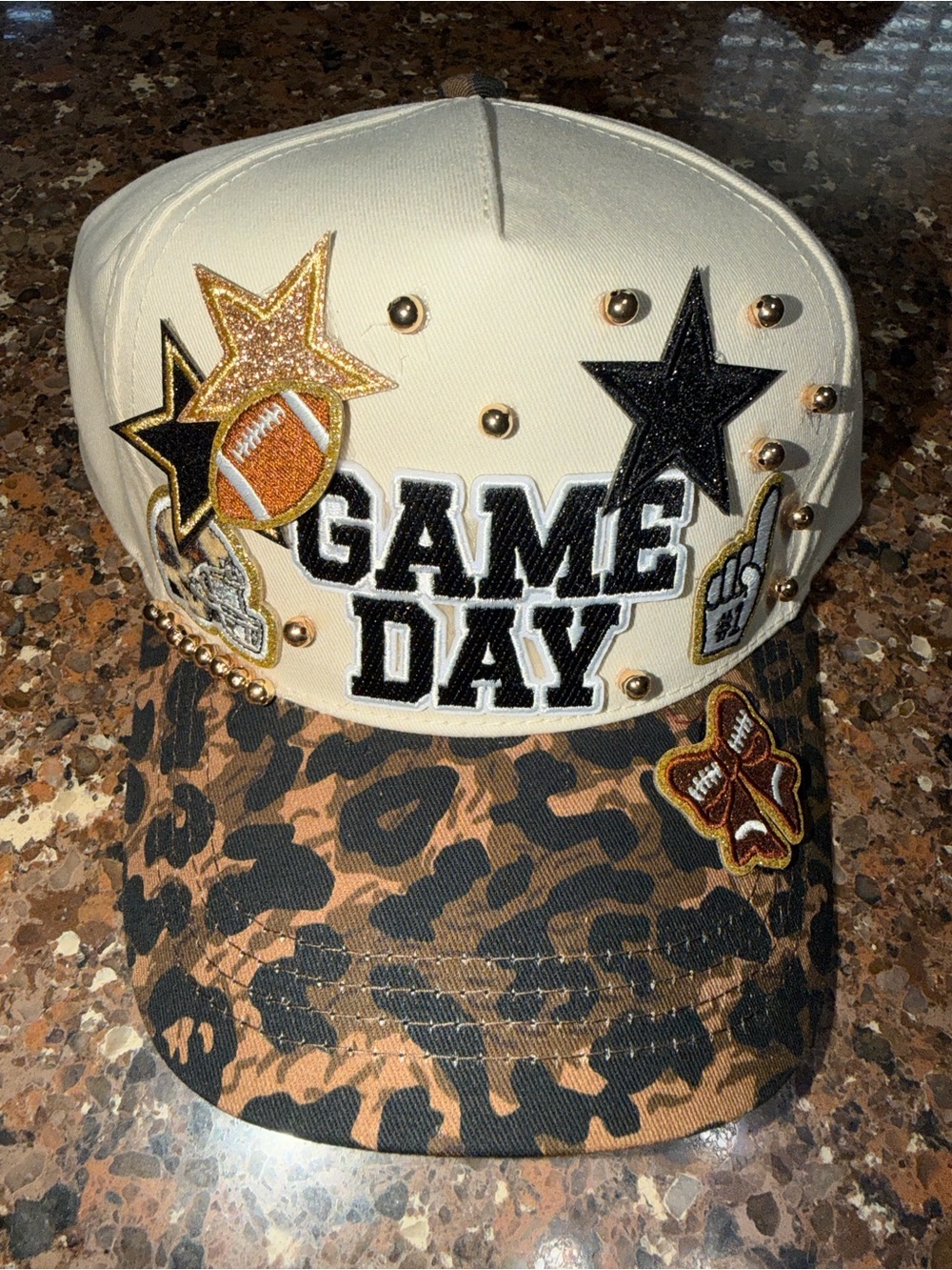 Game Day Embellished Baseball Cap - White and Brown Leopard